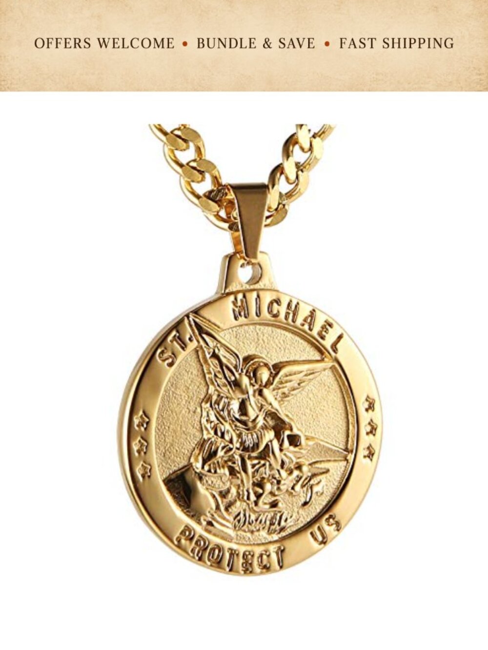 St Michael Archangel Medal Necklace Stainless Steel Catholic Pendant 22in Rolo